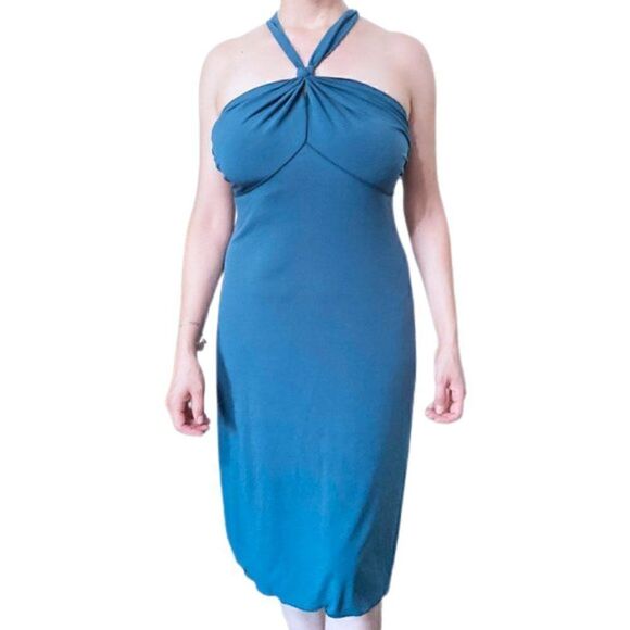 EUC Teal Knotted Front Halter Cocktail Midi Dress - Picture 8 of 14